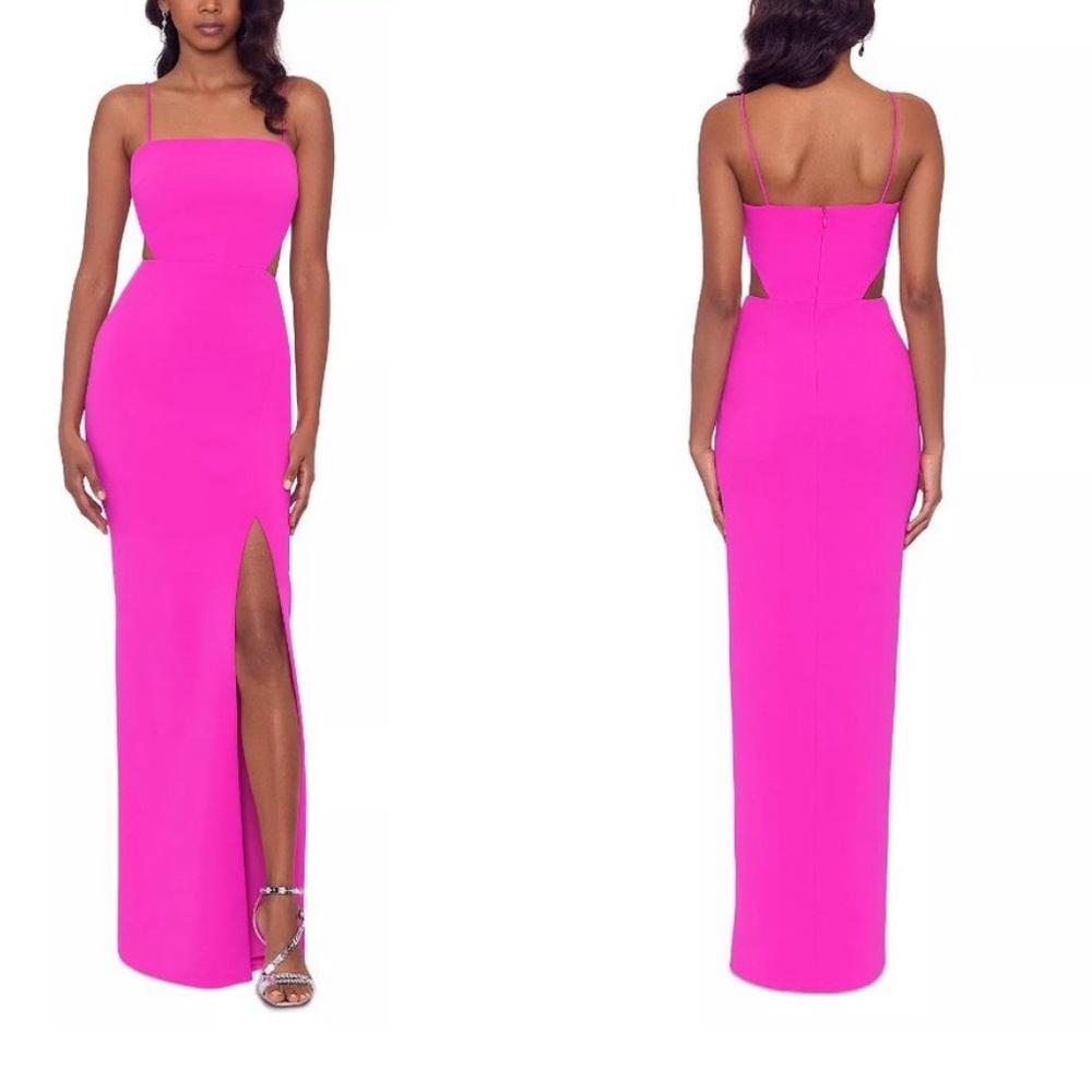 Xscape cutout detail scuba crepe hot pink maxi gown dress